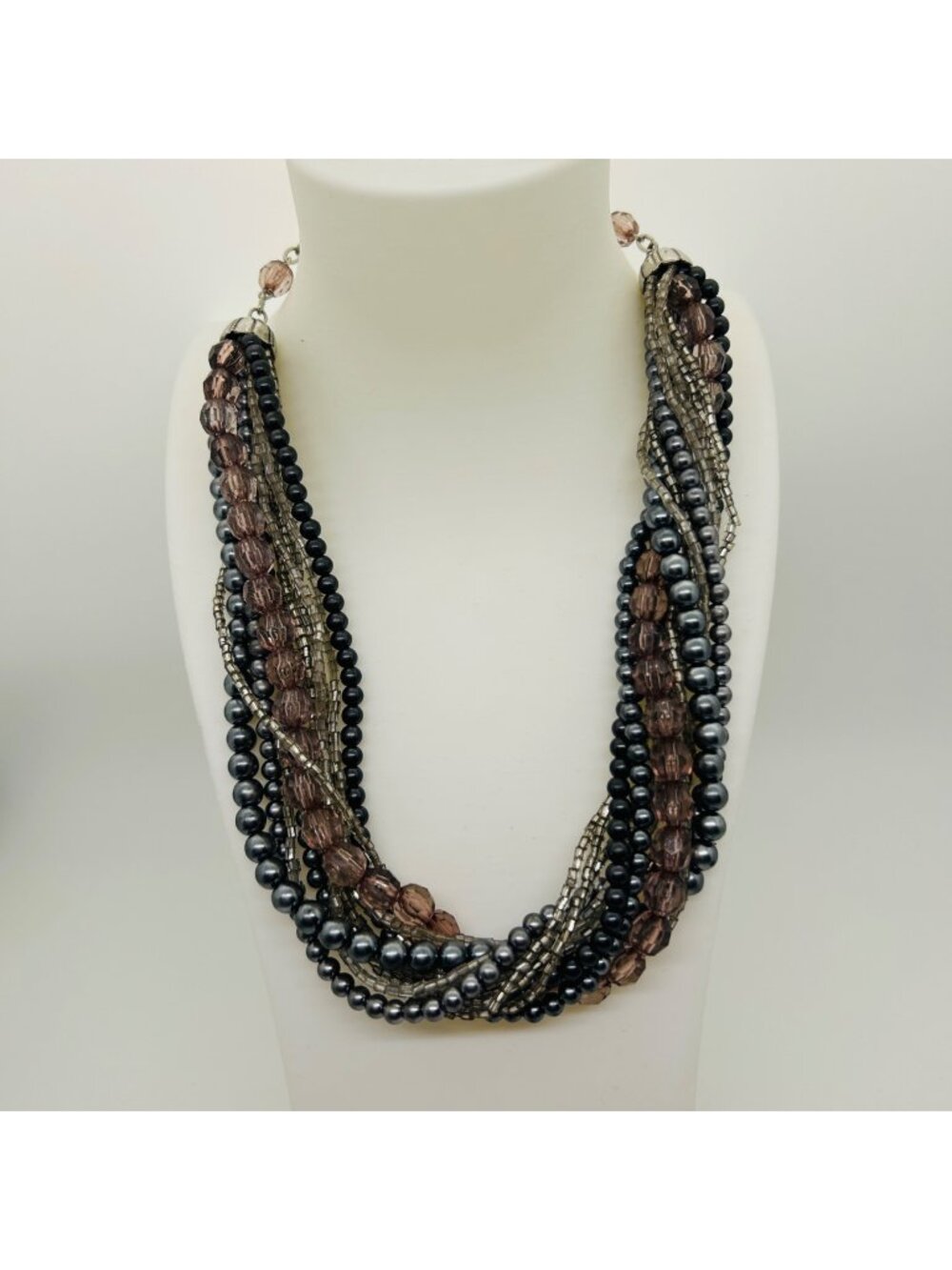 Chunky Multi Strand Necklace Torsade Statement Mauve Dark Grey Beaded Layered